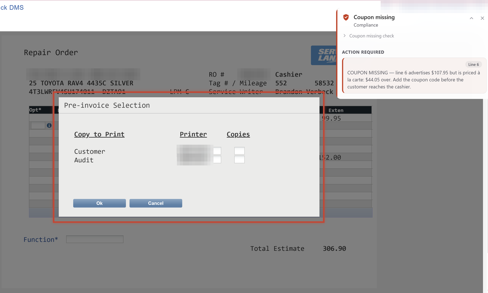 Live DealerTrack print window. Dealer Copilot says the advertised $107.95 is billed $44 over — add the coupon before the customer reaches the cashier. Identifiers blurred.