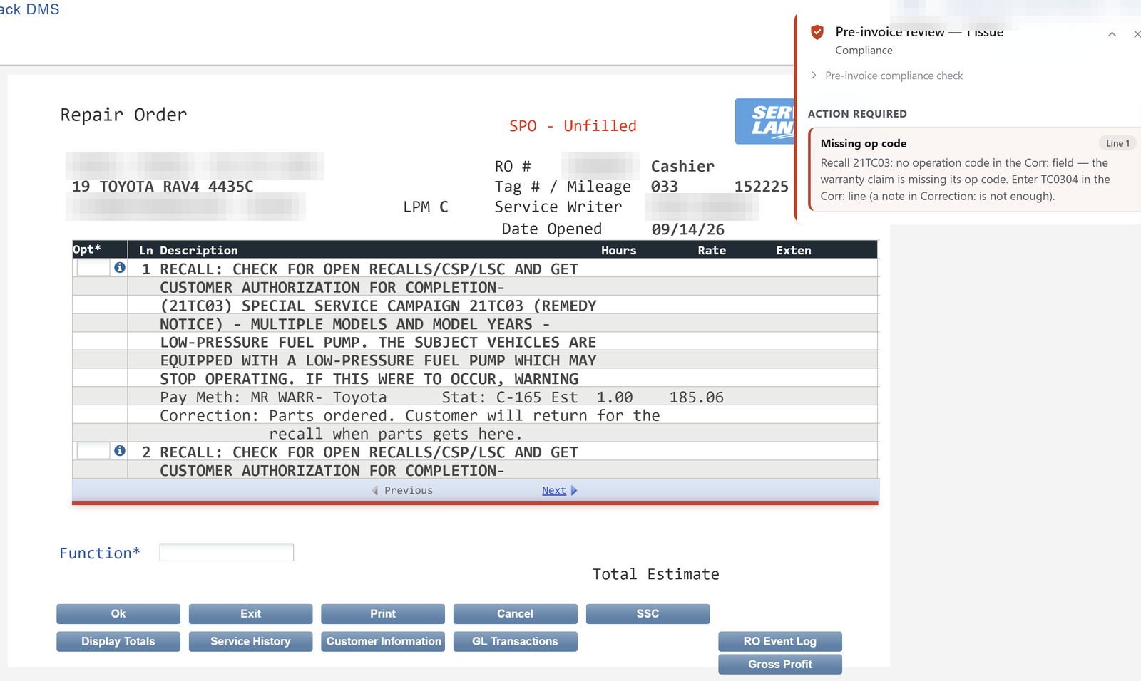 Live DealerTrack repair order. Campaign 21TC03 is on the line; Dealer Copilot says the Corr is missing the op code. Identifiers blurred.