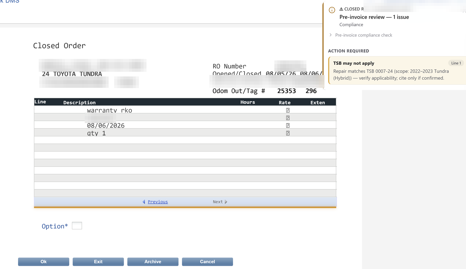 Live closed DealerTrack repair order. Dealer Copilot says TSB 0007-24 may not apply to this Tundra — cite it only if confirmed. Identifiers blurred.